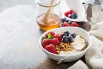 Queso de cabaña para el desayuno con granola, miel y frambuesa - foto de stock