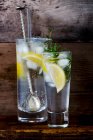 Gin und Tonic mit Zitrone, Eiswürfeln und Rosmarin — Stockfoto