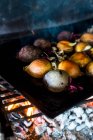 Verduras de raíz y cebollas en una parrilla de carbón - foto de stock