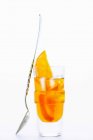 Un vaso de Amaro Nonino, un licor de hierbas italiano, con cubitos de hielo y rodajas de naranja - foto de stock