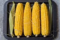 Cuatro mazorcas de maíz crudo en la estufa (vista superior) - foto de stock