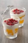 Йогуртовые десерты с лимонным творогом и малиновым пюре — стоковое фото