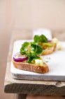 Baguette-Scheiben mit Olivenöl und Salat (Feldsalat, Kresse, Zwiebeln, Eisbergsalat, Einkorn) — Stockfoto