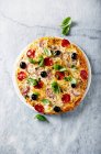 Пицца с чоризо, сыром и красным луком — стоковое фото