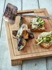 Slices of toast with smoked and grilled mackerel, green asparagus, cucumber, and dill mayonnaise — Stock Photo
