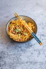Bowl of noodles with ground pork — Stock Photo