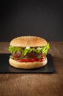 Um hambúrguer clássico com maionese, ketchup e alface — Fotografia de Stock