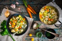 Sopa de verduras con albóndigas de pollo y sémola - foto de stock