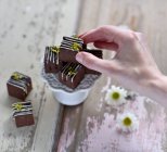 Vegan chai, chocolate and millet bites decorated with chocolate and pistachio nuts — Stock Photo