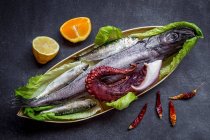 Sardinen, Hecht und Tintenfisch auf einem Servierteller — Stockfoto