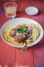 Spaghetti with meatballs and parmesan — Stock Photo