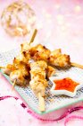 Chicken satay skewers with chilli sauce (Christmas) — Stock Photo