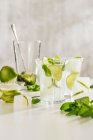 Mojito in Glasses with Ice, Mint and Limes — Stock Photo