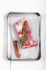 Pezzo di pancetta di maiale con un rametto di rosmarino in un vassoio di metallo arrosto — Foto stock