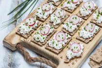 Fette di pane croccante con ricotta e ravanelli su una tavola di legno — Foto stock