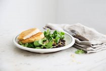 Panierte Sellerieschnitzel mit Feldsalat und Beluga-Linsen — Stockfoto