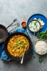 Keralan chicken curry in coconut milk with potatoes and coriander, rice and mint raita — Stock Photo