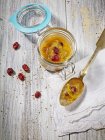 Варена рум'яна чатні з журавлиною у відкритій банці та на срібній ложці — стокове фото