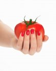 A woman's hand with red fingernails holding a tomato — Stock Photo