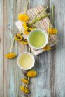 Dandelion tea in small bowls (top view) — Stock Photo