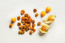 Dried and fresh physalis on a white background (top view) — Stock Photo