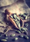 Una disposizione di semi di zucca su uno scoop di legno — Foto stock