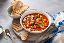 Mediterranean fish and octopus chowder with olive oil, toasted bread and fresh basil — Stock Photo