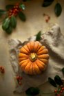 A whole Muscat pumpkin with berries on a linen cloth (top view) — Stock Photo