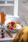 Домашние орехи, семена и фруктовые мюсли с греческим йогуртом и свежими фруктами — стоковое фото