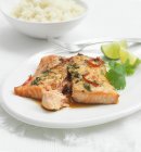 Filete de salmón con cilantro, lima y arroz - foto de stock