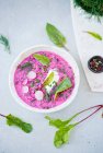 Cold beetroot soup in white bowl — Stock Photo