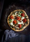 Una pizza vegetariana con tomates, setas, pesto y mozzarella - foto de stock