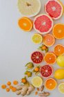 Різні цитрусові фрукти на білому тлі (див. згори ) — стокове фото