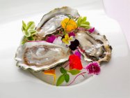 Um prato de três ostras em meia concha decorado com flores comestíveis — Fotografia de Stock