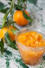 Mandarins marmalade in jar and fresh fruit with leaves — Stock Photo