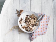 Bowl of chocolate muesli with yoghurt on wooden surface — Stock Photo
