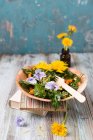 Dandelion salad with carrots and horned violets — Stock Photo