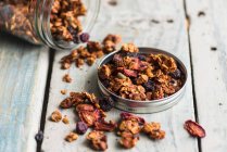 Granola with cocoa beans and dried fruit — Stock Photo