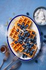 Hausgemachte Waffeln mit Honig, Blaubeeren und griechischem Joghurt — Stockfoto