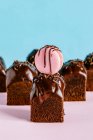 Muffins quadrados de chocolate escuro decorados com macaron — Fotografia de Stock