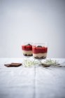 Desserts mit Schokokeksen, Grießbrei und Erdbeerkompott (vegan)) — Stockfoto