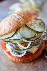 Primer plano de deliciosa hamburguesa con encurtidos refrigerados - foto de stock