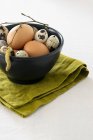 Chicken and quail eggs in small bowl with branch — Stock Photo