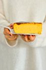 Woman is holding a plate with a piece of pumpkin cheesecake — Stock Photo