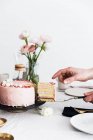 Una torta di crema di fragole affettata — Foto stock