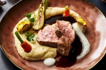 A veal fillet with cauliflower puree — Stock Photo