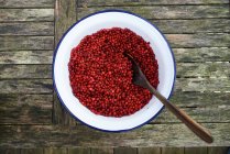 Lingonberries in an enamel bowl with a spoon — Stock Photo