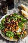 Green leaves salad with chanterelles, dried apricots and goat cheese — Stock Photo