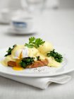 Huevos Benedicto en tostadas con hierbas y salsa - foto de stock