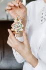 Gingerbread Christmas tree cookie in woman's hands — Stock Photo
